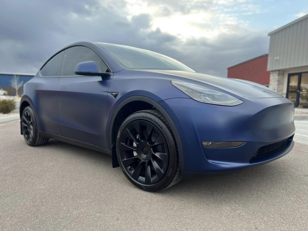 Tesla Model 3 blue paint protection film by Luxe Auto Salon in Colorado Springs