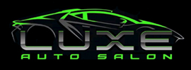 Luxe Auto Salon logo featuring a sleek car silhouette and modern typography in green and silver, representing high-quality auto detailing and vinyl wrap services.