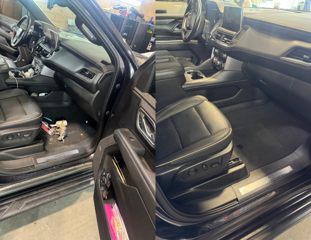 A side-by-side comparison showing a dramatic interior auto detailing transformation in Colorado Springs. The left image reveals a filthy driver's cabin covered in mud and debris, contrasted sharply with the right image showing the same space flawlessly restored and deep-cleaned.